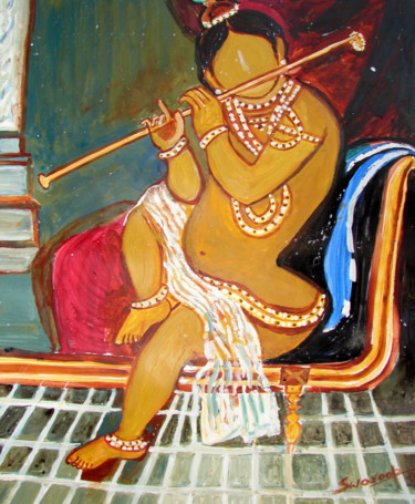 Schilderij getiteld "KRISHNA PLAYING MUS…" door Anandswaroop Manchiraju, Origineel Kunstwerk, Olie