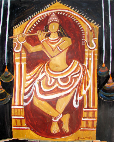 Картина под названием "KRISHNA PLAYING MUS…" - Anandswaroop Manchiraju, Подлинное произведение искусства, Масло