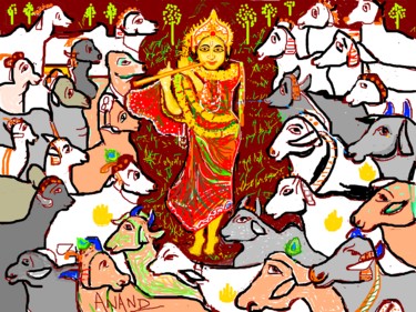 Arte digitale intitolato "KRISHNA AND COWS" da Anandswaroop Manchiraju, Opera d'arte originale