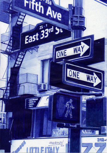 Dessin intitulée "Rues de New York" par Ananou, Œuvre d'art originale, Stylo à bille