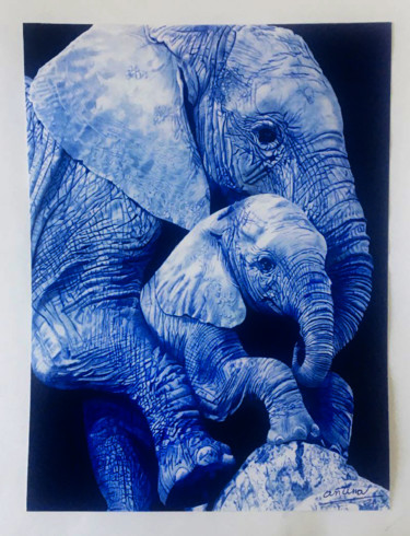 Tekening getiteld "Éléphants Family" door Ananou, Origineel Kunstwerk, Balpen