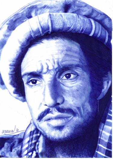 Disegno intitolato "Commandant Massoud" da Ananou, Opera d'arte originale, Biro