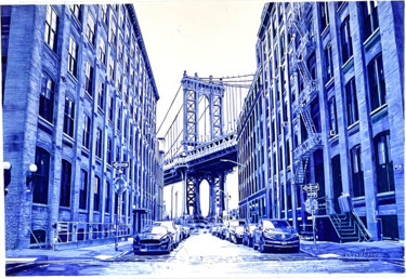 Dessin intitulée "Brooklyn bridge Nyc" par Ananou, Œuvre d'art originale, Stylo à bille