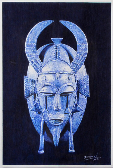 Dessin intitulée "Masque Africain Ivo…" par Ananou, Œuvre d'art originale, Stylo à bille