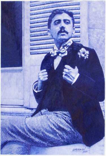 Drawing titled "Marcel Proust" by Ananou, Original Artwork, Ballpoint pen