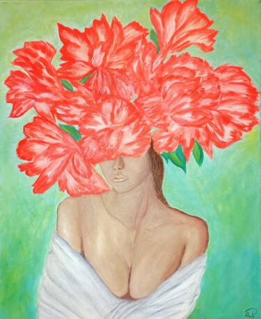 Painting titled "Woman flowers abstr…" by Anapia, Original Artwork, Oil Mounted on Other rigid panel