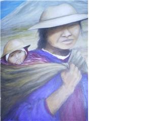Pintura titulada "Madre Mapuche" por Ana Celia Quintana, Obra de arte original