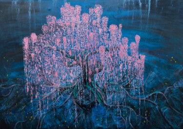 Painting titled "Pink tree" by Anastacia Gaikova, Original Artwork, Oil Mounted on Wood Stretcher frame