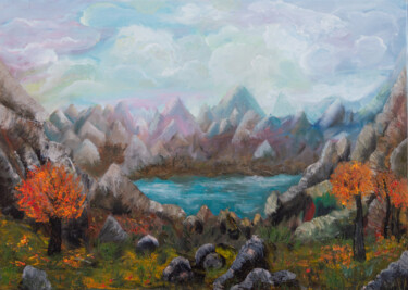 Painting titled "Lake in the mountai…" by Anastacia Gaikova, Original Artwork, Oil Mounted on Wood Stretcher frame
