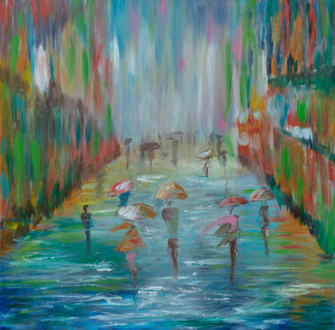 Painting titled "Rain in the city" by Anastacia Gaikova, Original Artwork, Oil