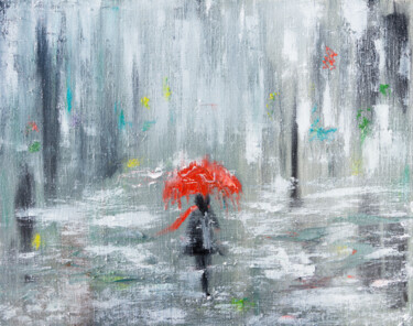 Painting titled "Red Umbrella" by Anastacia Gaikova, Original Artwork, Oil Mounted on Wood Stretcher frame
