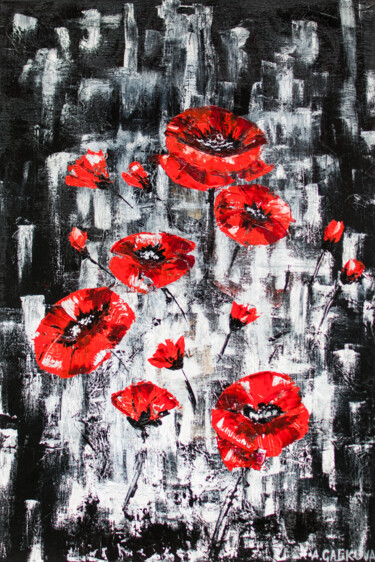 Картина под названием "Poppies on black" - Anastacia Gaikova, Подлинное произведение искусства, Масло