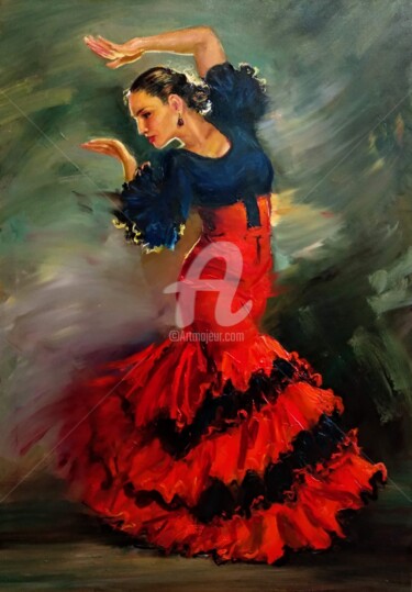 Painting titled "Flamenco dancer oil…" by Anastasia Akunina, Original Artwork, Oil