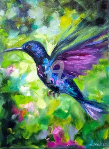 Картина под названием "Hummingbird, KOLIBR…" - Anastasia Akunina, Подлинное произведение искусства, Масло