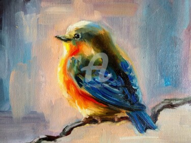 Painting titled "Bluebird Miniature…" by Anastasia Akunina, Original Artwork, Oil