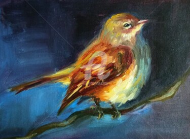 Painting titled "Baby Sparrow Garden…" by Anastasia Akunina, Original Artwork, Oil