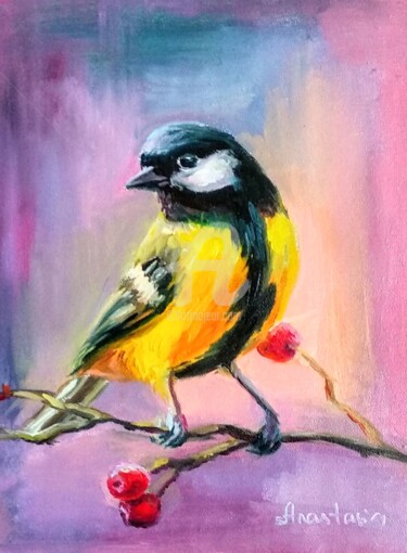Painting titled "Bird Painting Chick…" by Anastasia Akunina, Original Artwork, Oil
