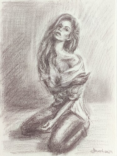 Drawing titled "Sexy Girl in Jeans…" by Anastasia Akunina, Original Artwork, Charcoal