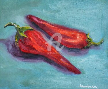 Painting titled "Chilli Peppers Frui…" by Anastasia Akunina, Original Artwork, Oil