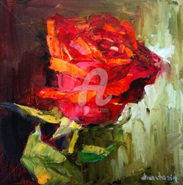 Schilderij getiteld "Single Red Rose Flo…" door Anastasia Akunina, Origineel Kunstwerk, Olie Gemonteerd op Karton