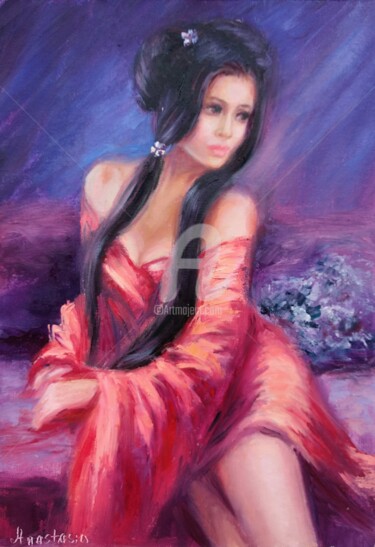 Schilderij getiteld "Beautiful Asian Wom…" door Anastasia Akunina, Origineel Kunstwerk, Olie