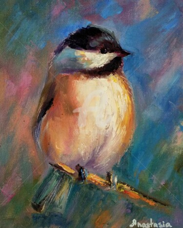 Картина под названием "Chickadee Bird Art…" - Anastasia Akunina, Подлинное произведение искусства, Масло