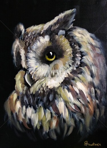 Pittura intitolato "Owl painting Night…" da Anastasia Akunina, Opera d'arte originale, Olio