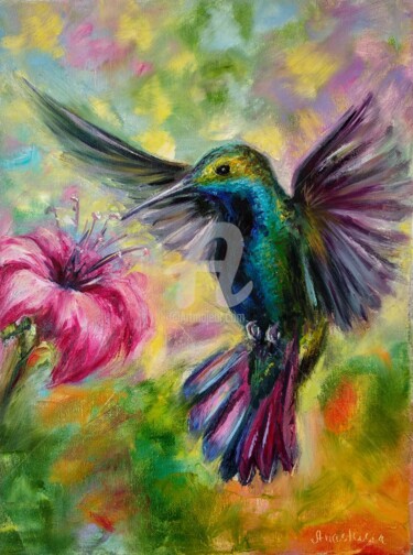 Peinture intitulée "Flying Hummingbird…" par Anastasia Akunina, Œuvre d'art originale, Huile
