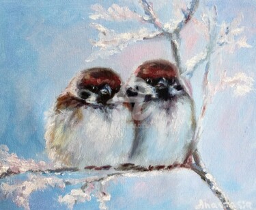 Ζωγραφική με τίτλο "Couple Chickadee Wi…" από Anastasia Akunina, Αυθεντικά έργα τέχνης, Λάδι