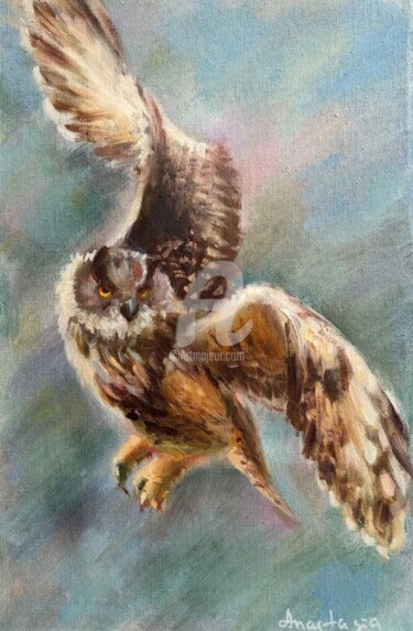 Painting titled "Flying Owl Birds Ar…" by Anastasia Akunina, Original Artwork, Oil