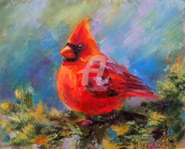 Картина под названием "Red Cardinal" - Anastasia Akunina, Подлинное произведение искусства, Масло