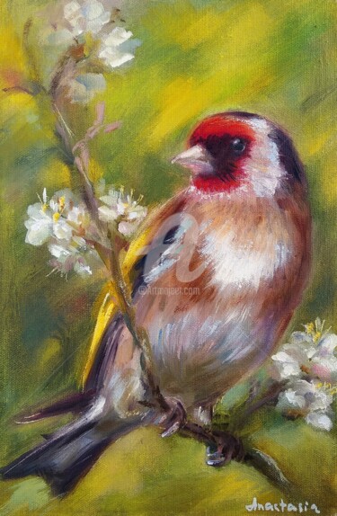 Painting titled "Goldfinch in bloomi…" by Anastasia Akunina, Original Artwork, Oil