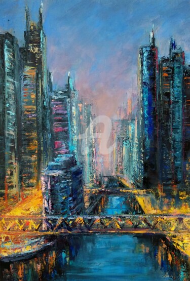 Картина под названием "Chicago bridges Str…" - Anastasia Akunina, Подлинное произведение искусства, Масло