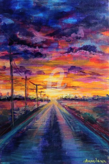 Painting titled "Road of Hope Sunset…" by Anastasia Akunina, Original Artwork, Acrylic Mounted on Other rigid panel