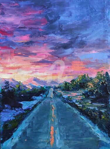Peinture intitulée "Sunset Landscape Th…" par Anastasia Akunina, Œuvre d'art originale, Huile Monté sur Autre panneau rigide