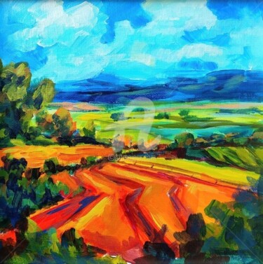 Pintura intitulada "Sunny Summer landsc…" por Anastasia Akunina, Obras de arte originais, Acrílico Montado em Cartão