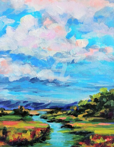 Картина под названием "Sky and clouds Sunn…" - Anastasia Akunina, Подлинное произведение искусства, Акрил