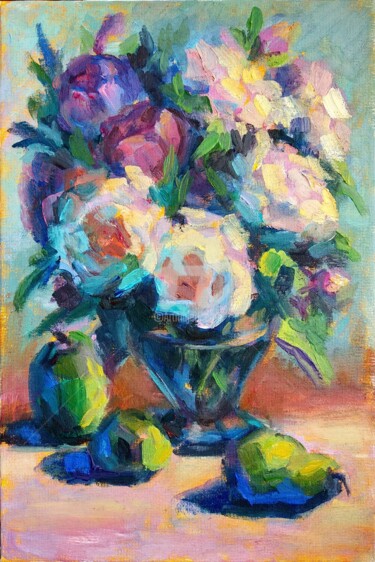 Painting titled "Flowers and fruits…" by Anastasia Akunina, Original Artwork, Oil Mounted on Cardboard