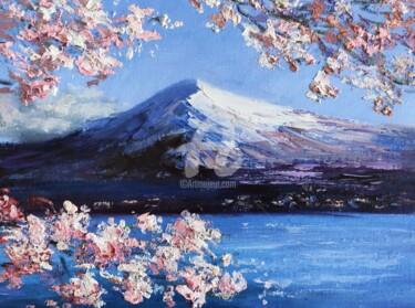 Peinture intitulée "Fuji and Sakura Tex…" par Anastasia Akunina, Œuvre d'art originale, Huile Monté sur Carton