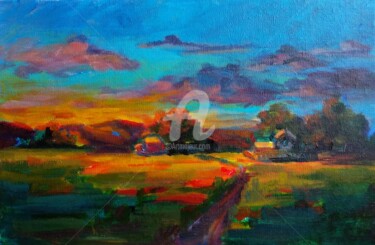 Painting titled "Summer sunset Impre…" by Anastasia Akunina, Original Artwork, Acrylic Mounted on Cardboard