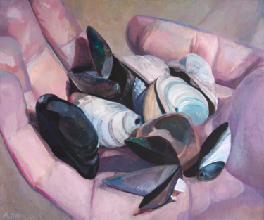 Pintura titulada "Shells on a handpalm" por Anastasia Chernysheva, Obra de arte original, Acrílico Montado en Bastidor de ca…