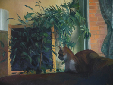Painting titled "Shiki the cat" by Anastasia Chernysheva, Original Artwork, Oil Mounted on Wood Stretcher frame
