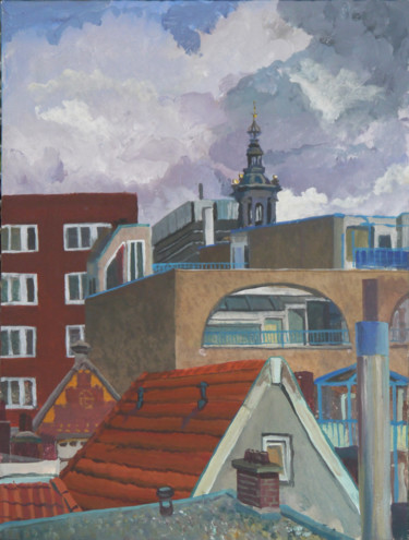Painting titled "Roofs of the Hague" by Anastasia Chernysheva, Original Artwork, Acrylic Mounted on Wood Stretcher frame