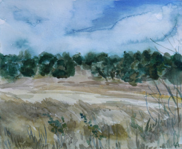 Painting titled "The field" by Anastasia Chernysheva, Original Artwork, Watercolor Mounted on Cardboard