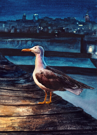 Peinture intitulée "Чайка на крышах Ста…" par Anastasiia Fedorchenko, Œuvre d'art originale, Aquarelle