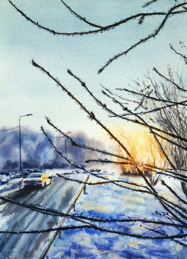 Картина под названием "Зимний рассвет" - Анастасия Федорченко, Подлинное произведение искусства, Акварель