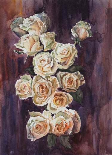 Malerei mit dem Titel "Champagne roses" von Anastasiia Fedorchenko, Original-Kunstwerk, Aquarell