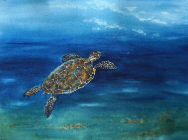 Painting titled "Морская черепаха" by Anastasiia Fedorchenko, Original Artwork, Watercolor
