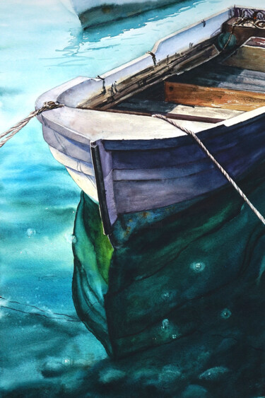 Картина под названием "Лодка у причала" - Анастасия Федорченко, Подлинное произведение искусства, Акварель
