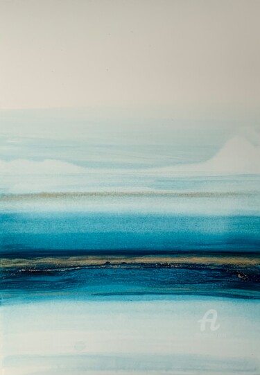 Painting titled "Turquoise landscape…" by Anastasia Grik, Original Artwork, Ink